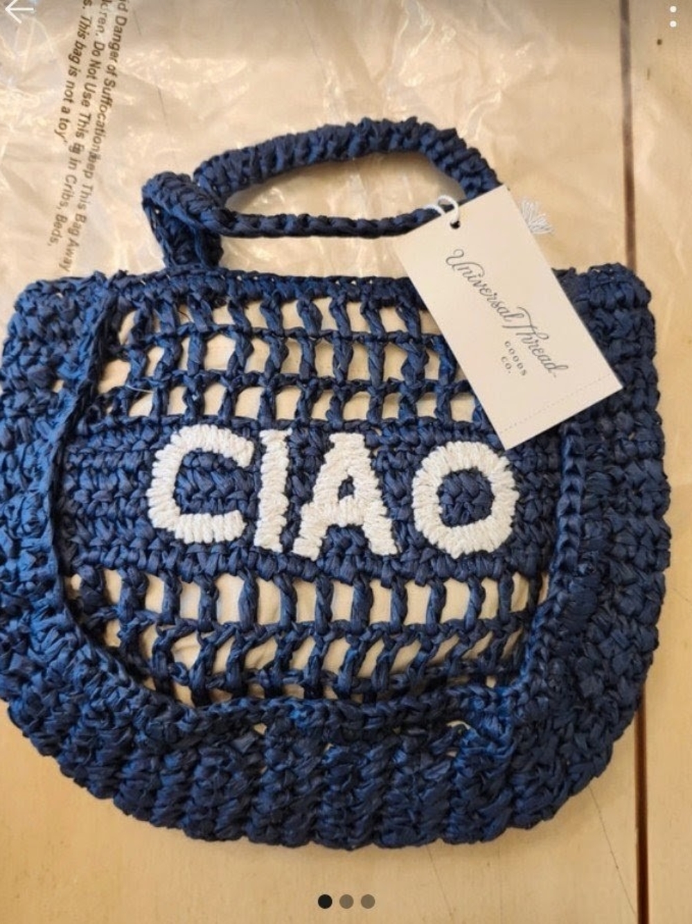 Universal Thread Navy Crochet Mini Tote with White 'CIAO' Embroidery